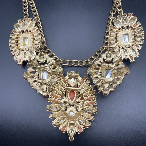 Orange Rhinestone Necklace Statement Couture Runway Glamour Curb Link 17" LOOK - Picture 8 of 10